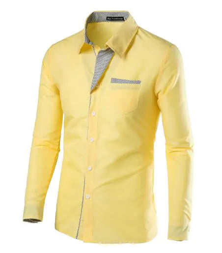 Yellow long-sleeve button-up dress shirt with a pointed collar, chest pocket, and contrasting patterned trim along the collar and placket, shown on a white background.