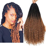 Woman modeling long curly twist braids with a black-to-honey-brown ombré, shown beside a matching pack of ombré curly braid hair extensions on a white background.