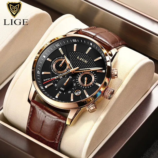 STOMART.CO.UK 2023 New Mens Watches LIGE Top Brand Luxury Leather Casual Quartz Jewellery & Watches watch Free Text