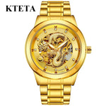 KTETA two-tone stainless steel wristwatch with a gold bezel and bracelet accents, featuring a skeleton-style dial with an ornate gold dragon design and crystal hour markers.