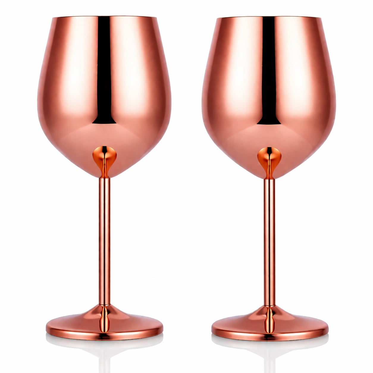 Two rose gold wine glasses on a white background