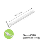 White rechargeable LED light bar shown on a white background with labeled dimensions (50 cm/19.6 in long, 2 cm/0.78 in wide), a small inset showing a USB charging cable, and text reading “50cm--36LED (1500mAh Battery)