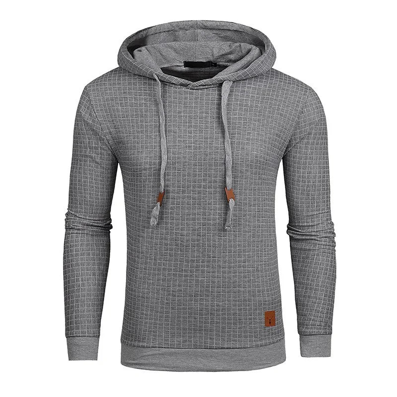 Grey textured hooded jumper with drawstring hood, long sleeves and ribbed cuffs.

