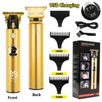 Gold engraved USB-rechargeable hair trimmer kit showing front and back views of the clipper, four guide combs labeled 1.5mm, 2mm, 3mm, and 4mm, a USB cable, cleaning brush, user manual, and product box.