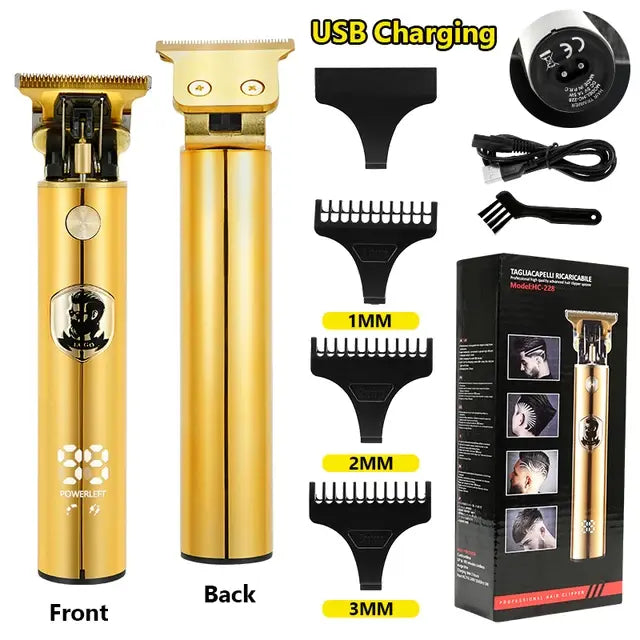Gold engraved USB-rechargeable hair trimmer kit showing front and back views of the clipper, four guide combs labeled 1.5mm, 2mm, 3mm, and 4mm, a USB cable, cleaning brush, user manual, and product box.