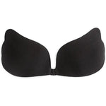 Black strapless adhesive bra with front clasp closure.
