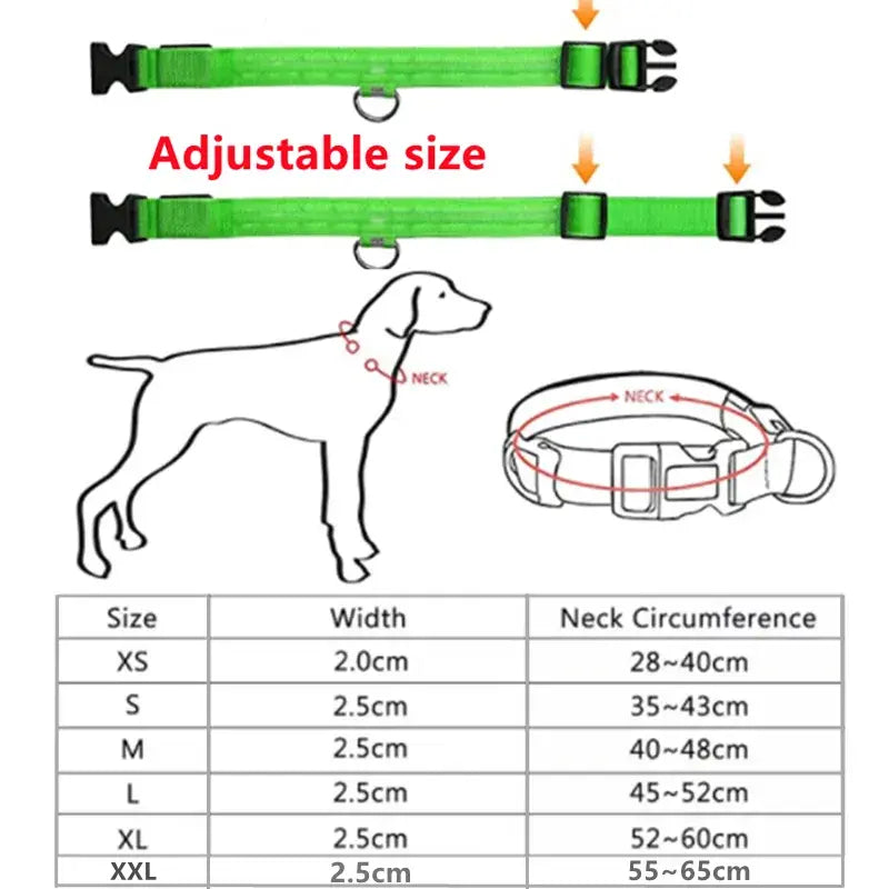 Adjustable Flashing Glowing Dog Collar Size Chart 