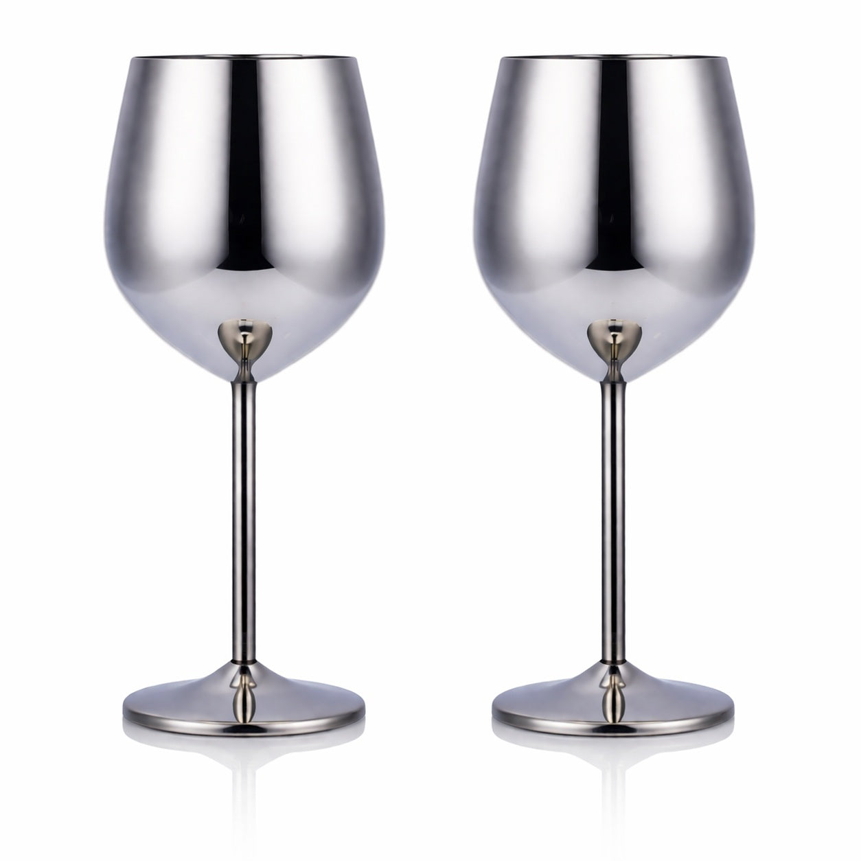 Two silver wine glasses on a white background