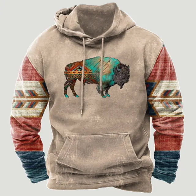 Beige hoodie with a colourful buffalo graphic and patterned sleeves.