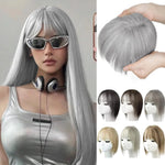 Collage showing a long, wavy blue wig: a model wearing the wig with a cat-ear headband on the left, and a mannequin display on the right with front and back views highlighting the wig’s soft waves and bangs.