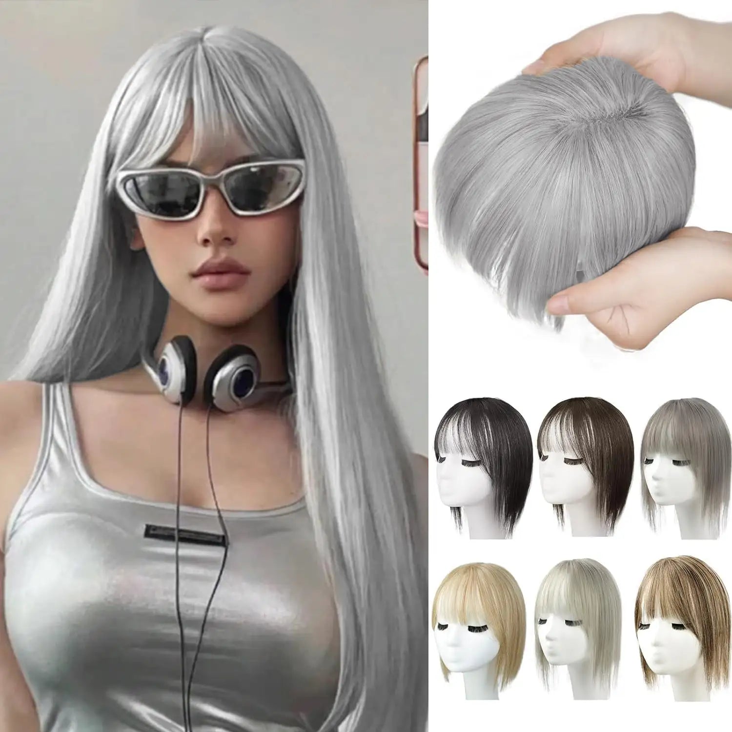Collage showing a long, wavy blue wig: a model wearing the wig with a cat-ear headband on the left, and a mannequin display on the right with front and back views highlighting the wig’s soft waves and bangs.