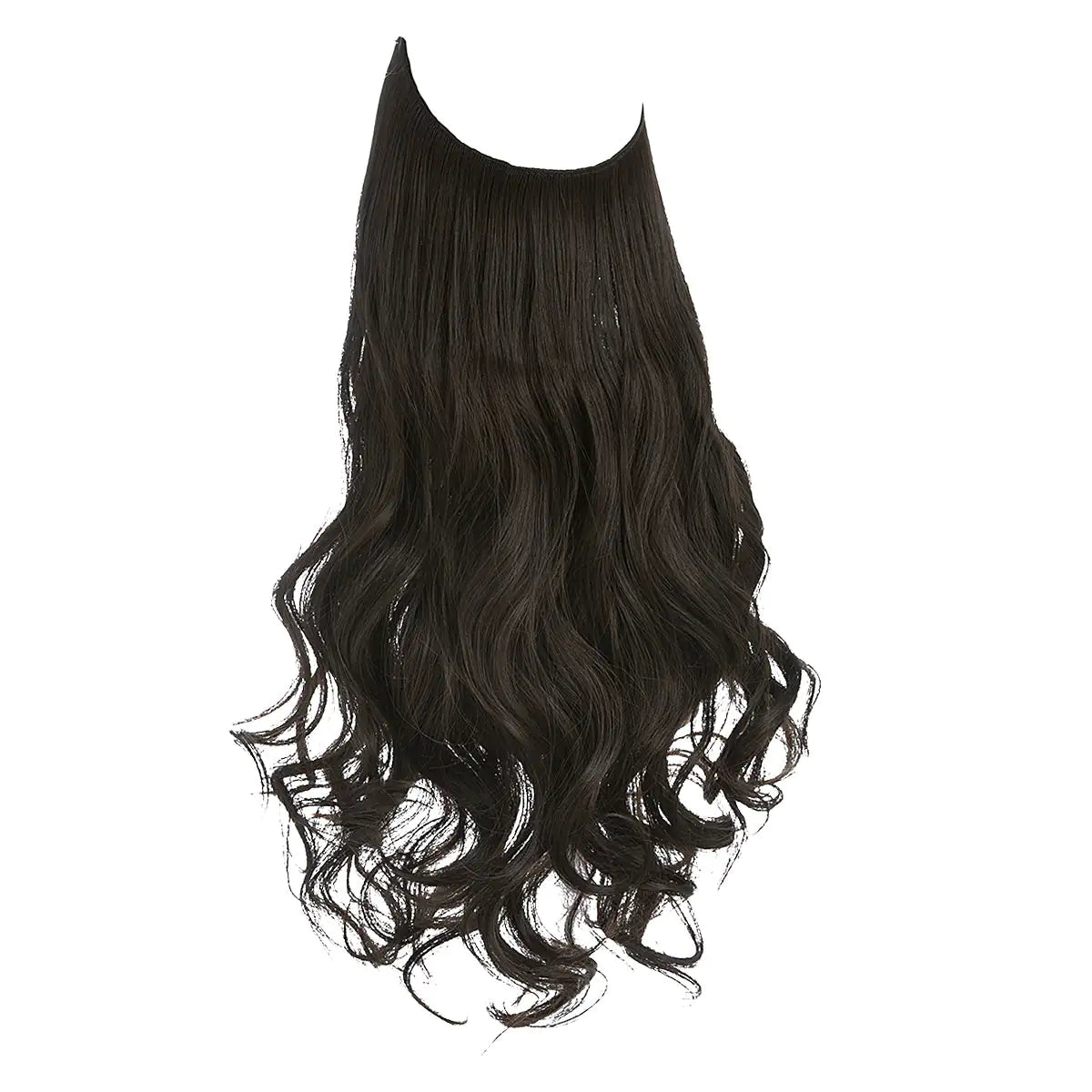 Long, wavy hair extensions in dark brown, displayed on a white background.