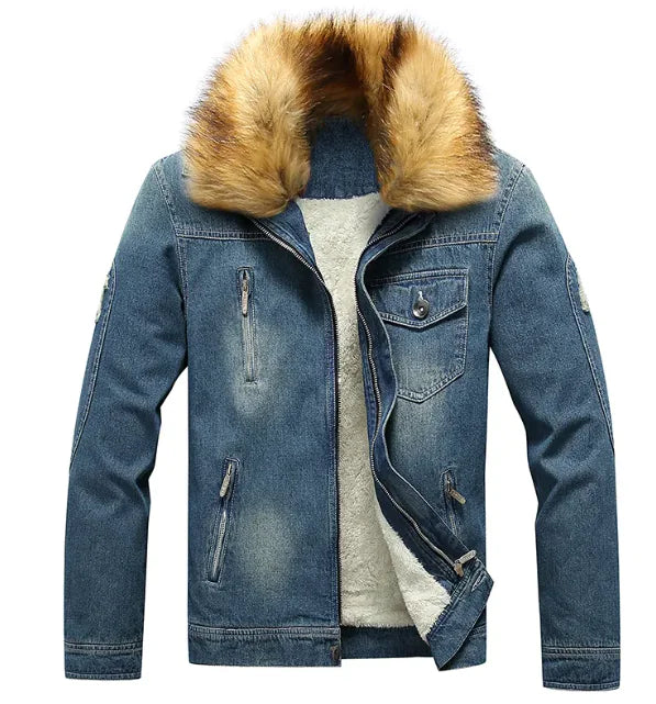 Men's Winter Fur-Lined Denim Jean Jacket