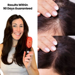 Smiling woman holding a red LED hairbrush next to text “Results Within 90 Days Guaranteed,” alongside before-and-after close-ups of a scalp part showing increased hair density