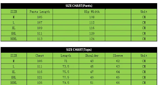 Men's Hoodie Pants Jacket Tracksuit Size Chart