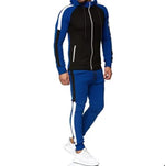 Black and blue hooded tracksuit set.
