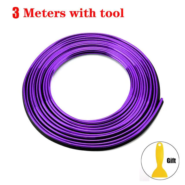 Coiled purple car interior trim strip labeled “3 Meters with tool,” with a small inset image of a yellow pry tool marked “Gift,” on a white background.