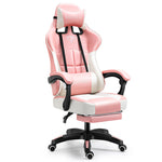 Pink and white gaming chair with black accents on a white background