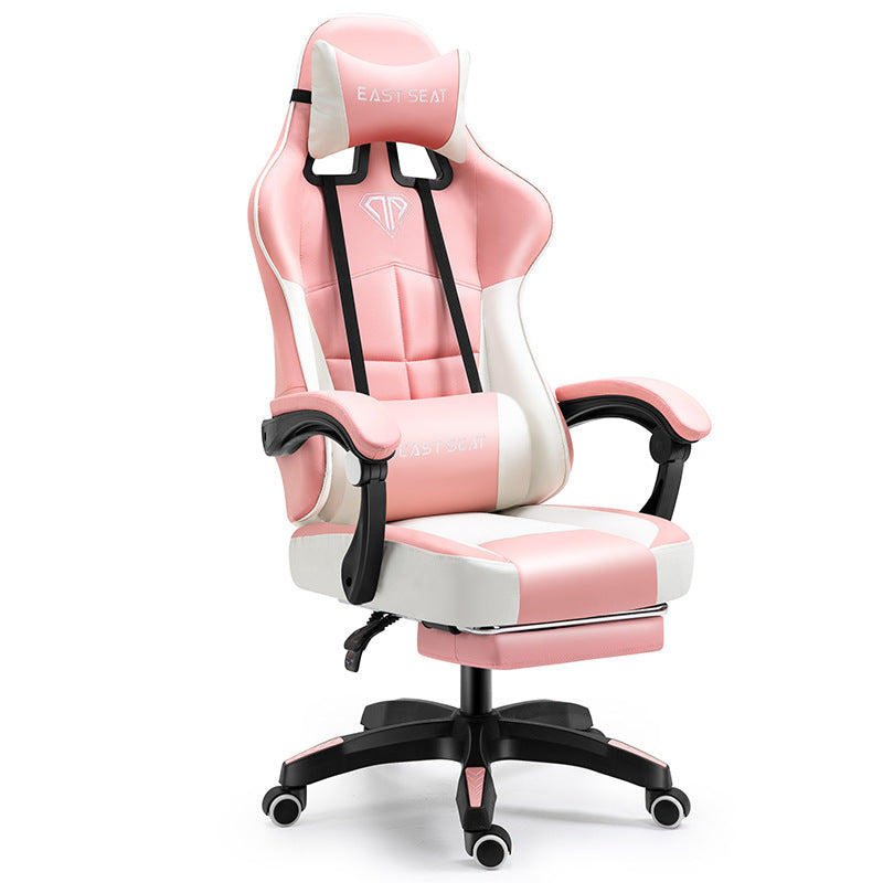 Pink and white gaming chair with black accents on a white background