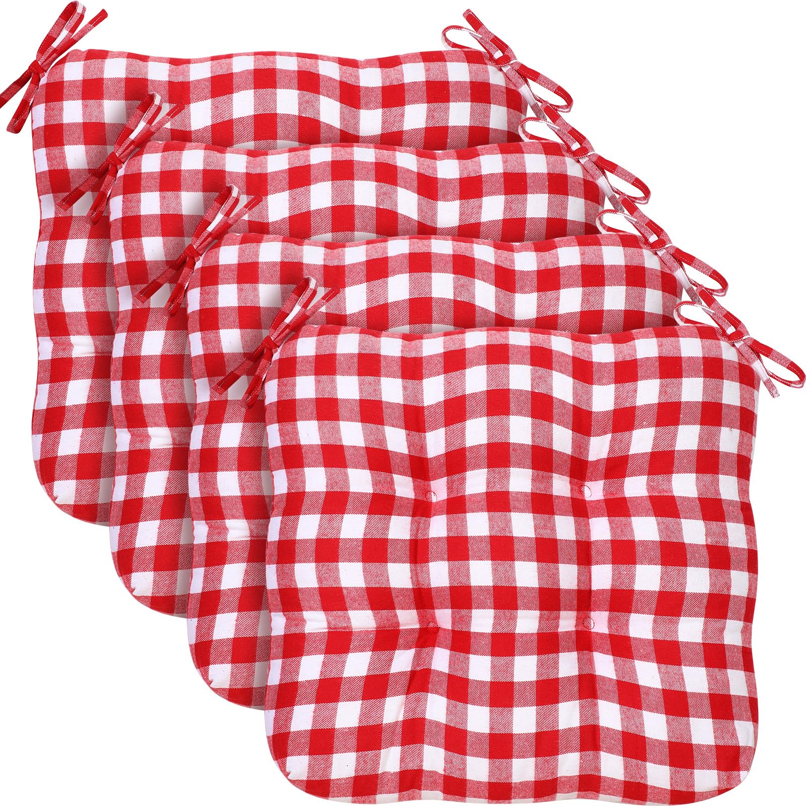 Set of four red and white checkered seat cushions on a white background