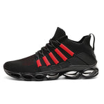 A vibrant red athletic sneaker featuring a breathable knit upper, lace-up design, and a unique, futuristic sole with hollowed cushioning pods for enhanced flexibility and support.