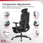 Ergonomic chair with 12 adjustable features on a white background