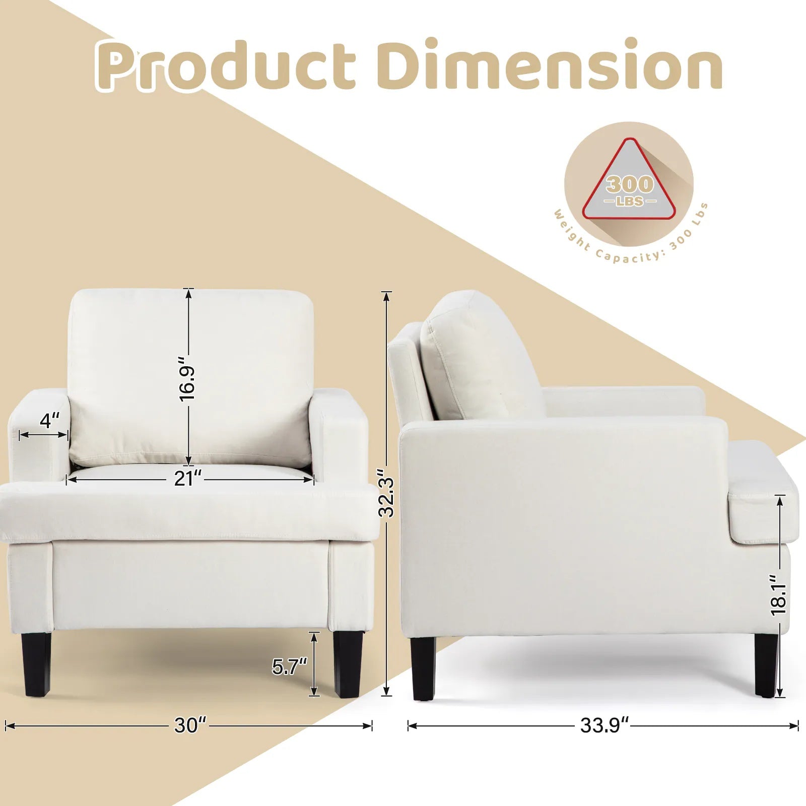 Alt text: Product dimension graphic for a white accent chair showing front and side views with measurements of 30 inches wide, 33.9 inches deep, 32.3 inches high, 18.1-inch seat height, 21-inch seat width, 16.9-inch back height, 4-inch arm width, 5.7-inch leg height, and a 300-pound weight capacity.