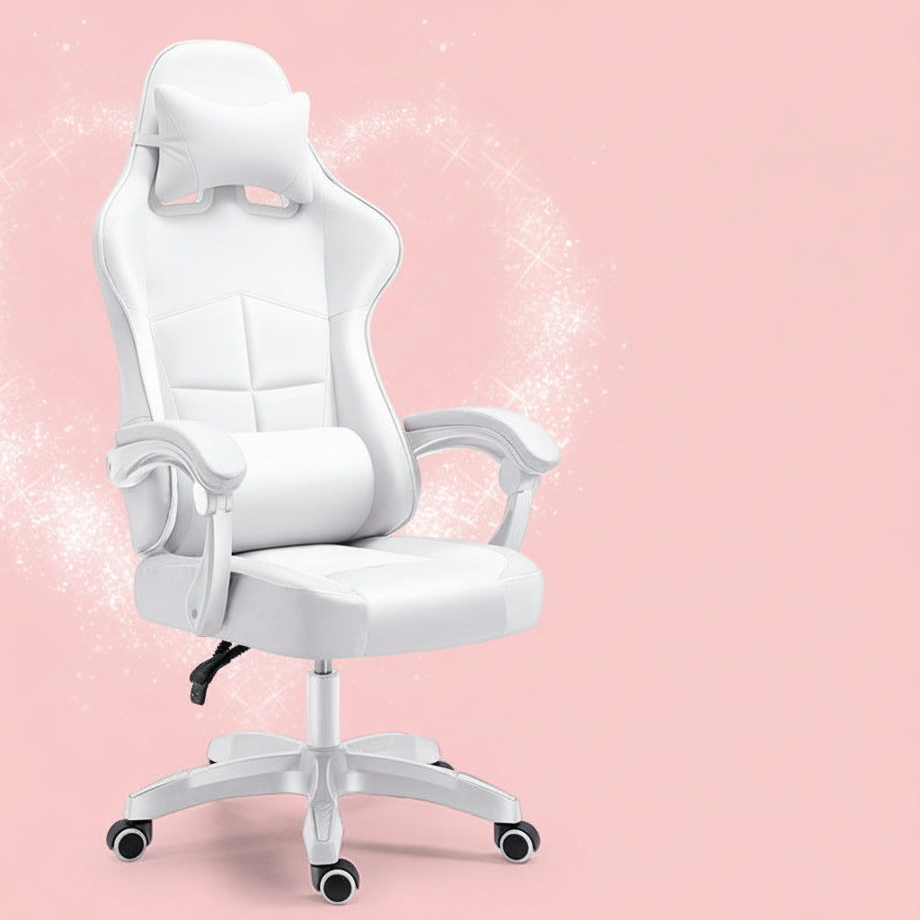 White office chair with 'EAST SEAT' branding on a pink background