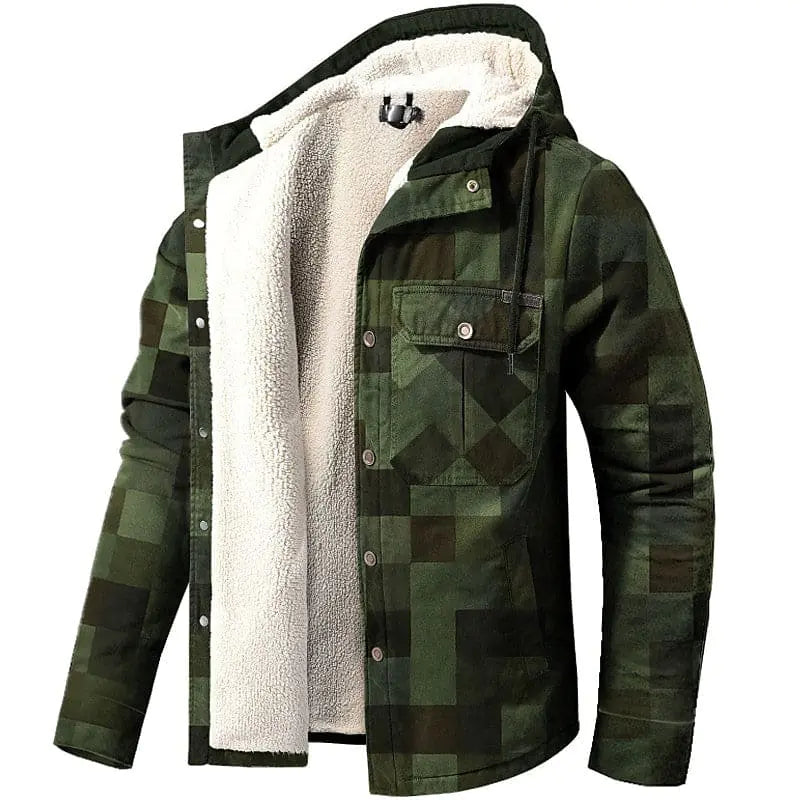 A green checkered hooded jacket with a button front and chest pockets, shown open to reveal a thick white sherpa/fleece lining, photographed on a white background.