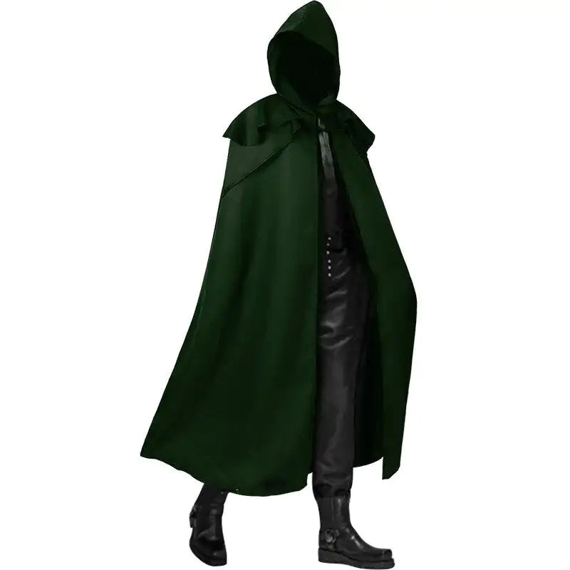 Dark green hooded cloak cape costume with flowing full-length design.