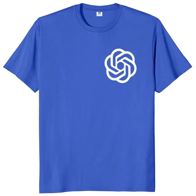 Blue T-shirt with green AI back graphic.