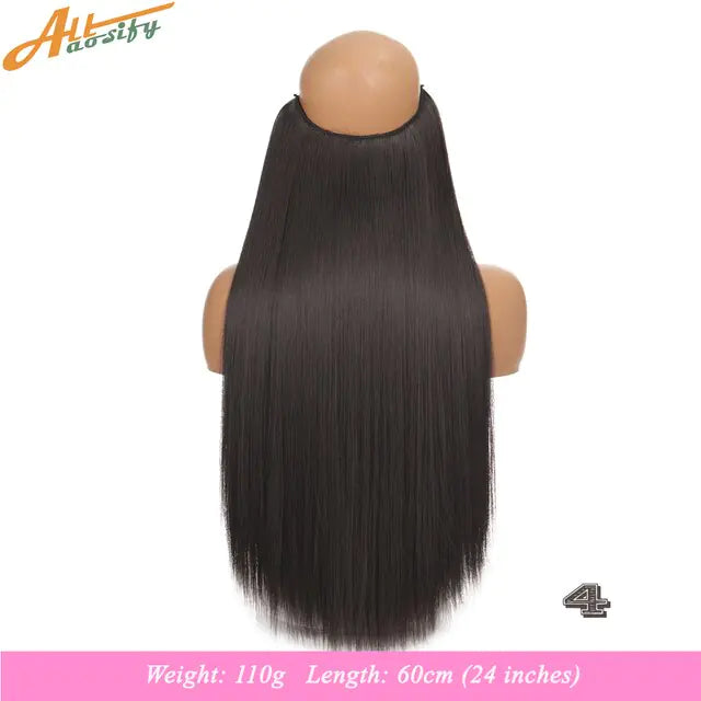 Back view of a mannequin head wearing a long, straight black hairpiece that falls to mid-back; text at the bottom reads “Weight: 110g Length: 60cm (24 inches),” with a small “4” in the lower-right corner.