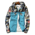 Black floral hooded windbreaker jacket.
