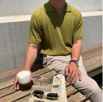 Fitted Striped Knit Polo Shirt