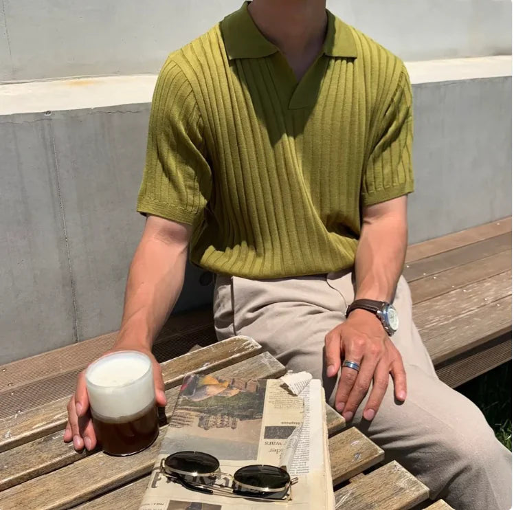Fitted Striped Knit Polo Shirt