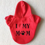 A pet hoodie with a hood and short sleeves, featuring the text 'I ❤️ MY MUM' printed on the back.