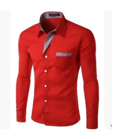 A red dress shirt featuring a contrasting checkered pattern inside the collar and pocket.