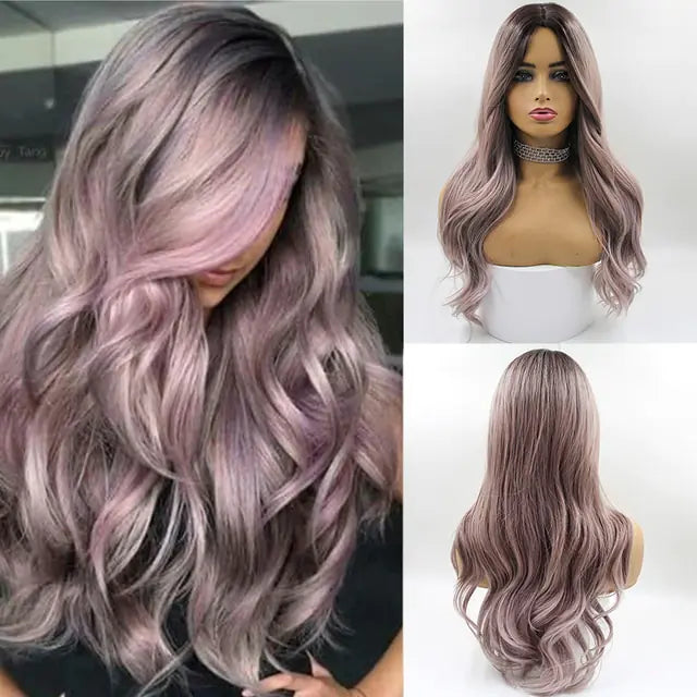 Collage of a long, wavy lavender-gray wig, showing a model with side-swept waves and front and back views on a mannequin against a white background.