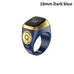 A dark blue smart ring with a glossy black display top, gold trim, and a circular gold side detail, shown against a plain light gray background. The image also includes the text “18mm Dark blue” at the top.