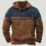 Two-tone pullover hoodie in brown and navy with a front kangaroo pocket and geometric stripe detail across the chest and sleeves.