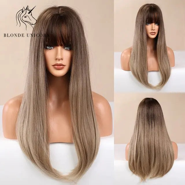 Long straight ombre wig with dark brown roots fading into light ash brown lengths, featuring a full fringe, shown on a mannequin from front, side, and back views with a smooth, natural-looking finish.