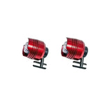 Two small red cylindrical LED bike light with a clear front lens, mounted on a black rubber strap, on a white background.