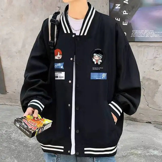 Black varsity jacket with cartoon patch details.
