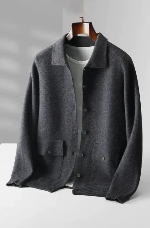 Men's Polo Collar Solid Colour Wool Cardigan