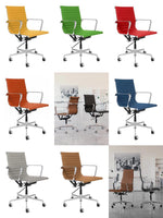 Collage of office chairs in various colors with a conference room background.