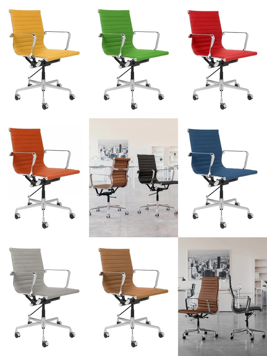 Collage of office chairs in various colors with a conference room background.