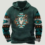 Dark green hoodie with a bull skull graphic over a colorful southwestern pattern on the chest and matching patterned sleeves.