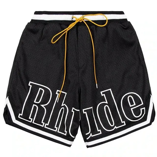 A Rhude shorts feature a bold and stylish design, perfect for streetwear and casual fashion.  large white outlined text, giving them a standout look. The elastic waistband with black-and-white stripe detailing and extra-long yellow drawstrings add a signature touch, making them both functional and fashionable. The sporty aesthetic is enhanced by the sleek trim along the hem, making them a great choice for everyday wear or athleisure outfits.