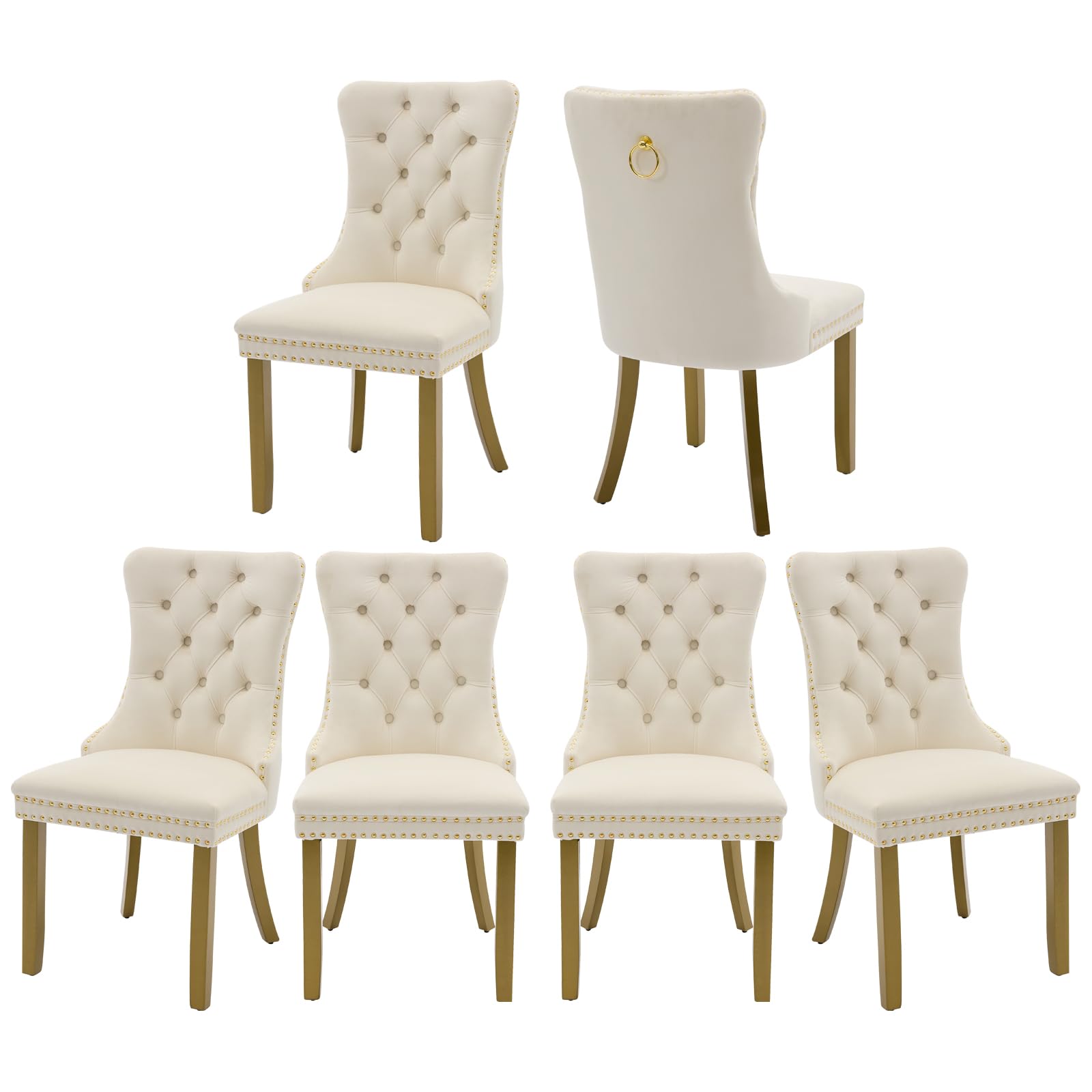 Set of six cream-colored upholstered chairs with wooden legs on a white background