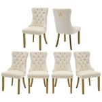 Set of six cream-colored upholstered chairs with wooden legs on a white background